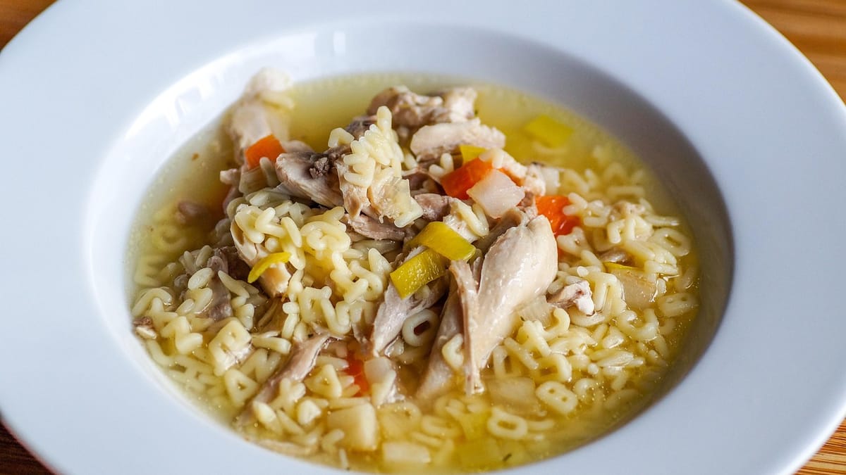 Assiette creuse de soupe de poulet aux petites pâtes, carottes et poireau